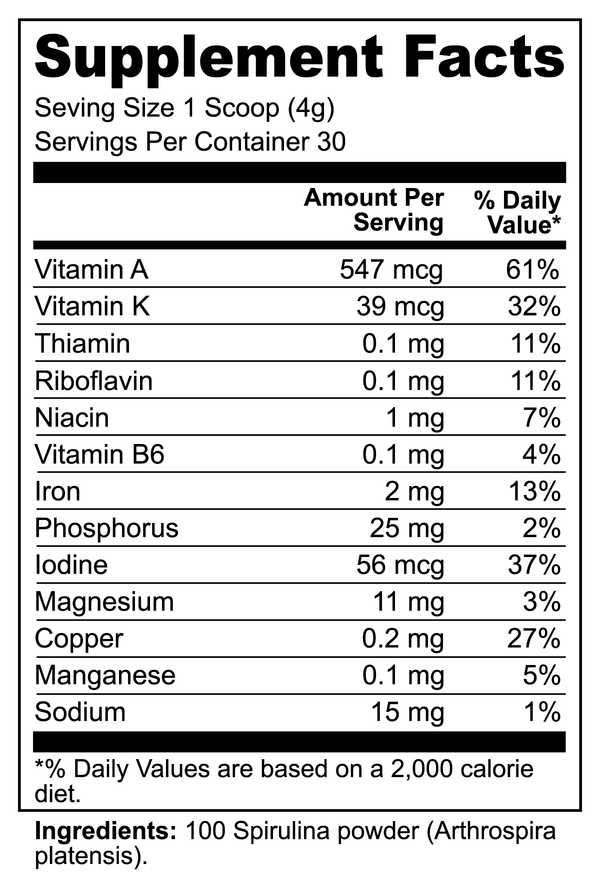 Picture of Fitness Geeker Organic Spirulina Powder - Boosts the Production of White Blood Cells and Antibodies That Fight Viruses and Bacteria Supplement Facts