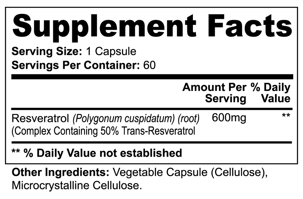 picture of Fitness Geeker Resveratrol 50% 600mg - Weight Loss, Strong Antioxidant & Anti- Cancer Support, Support for Heart Health Supplement Facts