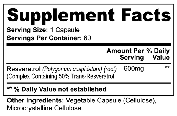 picture of Fitness Geeker Resveratrol 50% 600mg - Weight Loss, Strong Antioxidant & Anti- Cancer Support, Support for Heart Health Supplement Facts