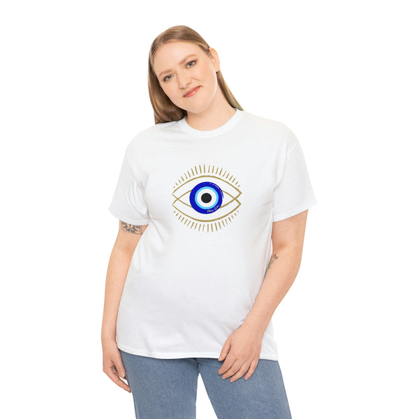 Picture of Fitness Geeker "The Evil Eye" Heavy Cotton T-Shirt white on model