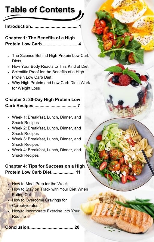 Picture of the eBook "30-Day High Protein Low Carb Recipes for Weight Loss" table of content